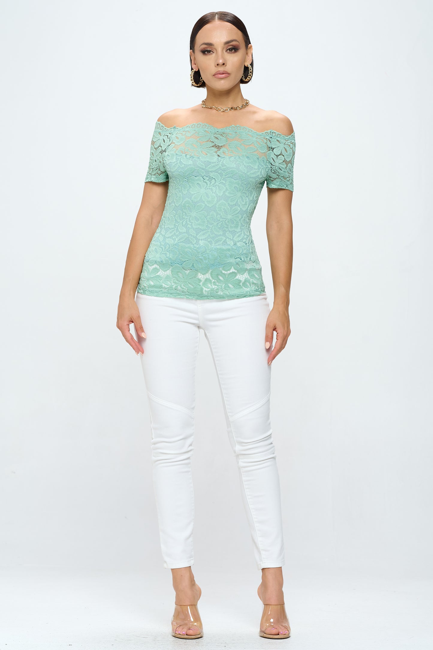 OFF SHOULDER SHORT SLEEVE LACE TOP