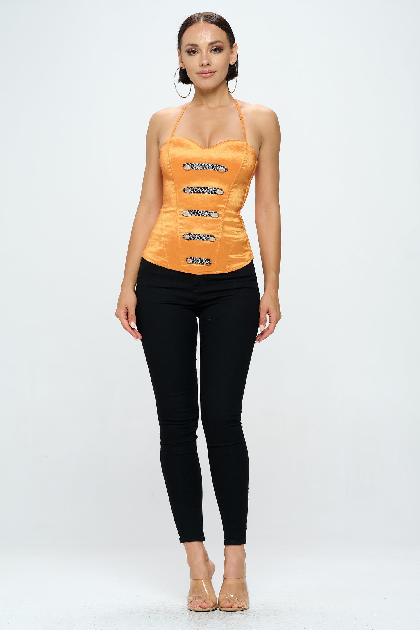 BUTTON DETAIL DETACHABLE HALTER NECK CORSET TOP