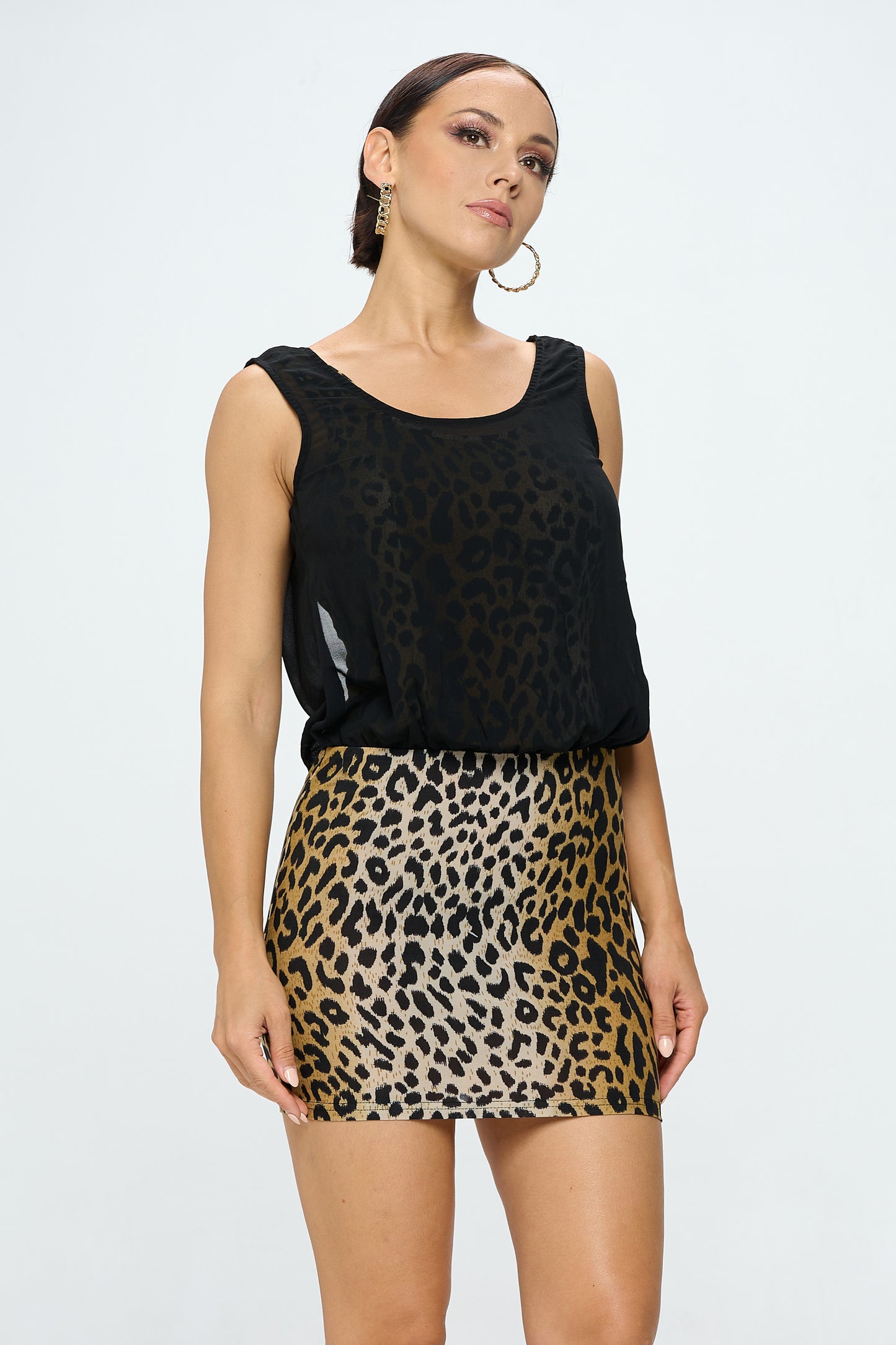 LEOPARD PRINT SHEER LAYERED MINI DRESS