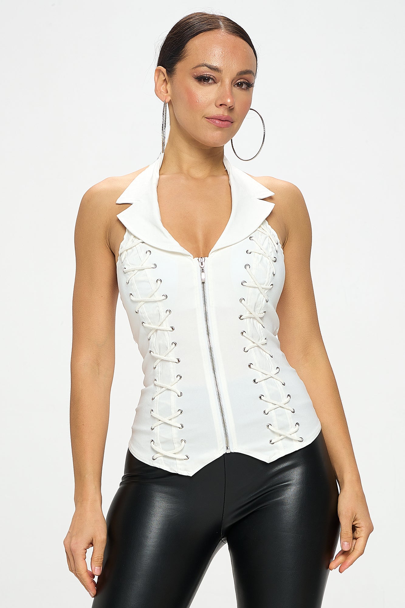 LACE UP COLLAR HALTER TANK TOP