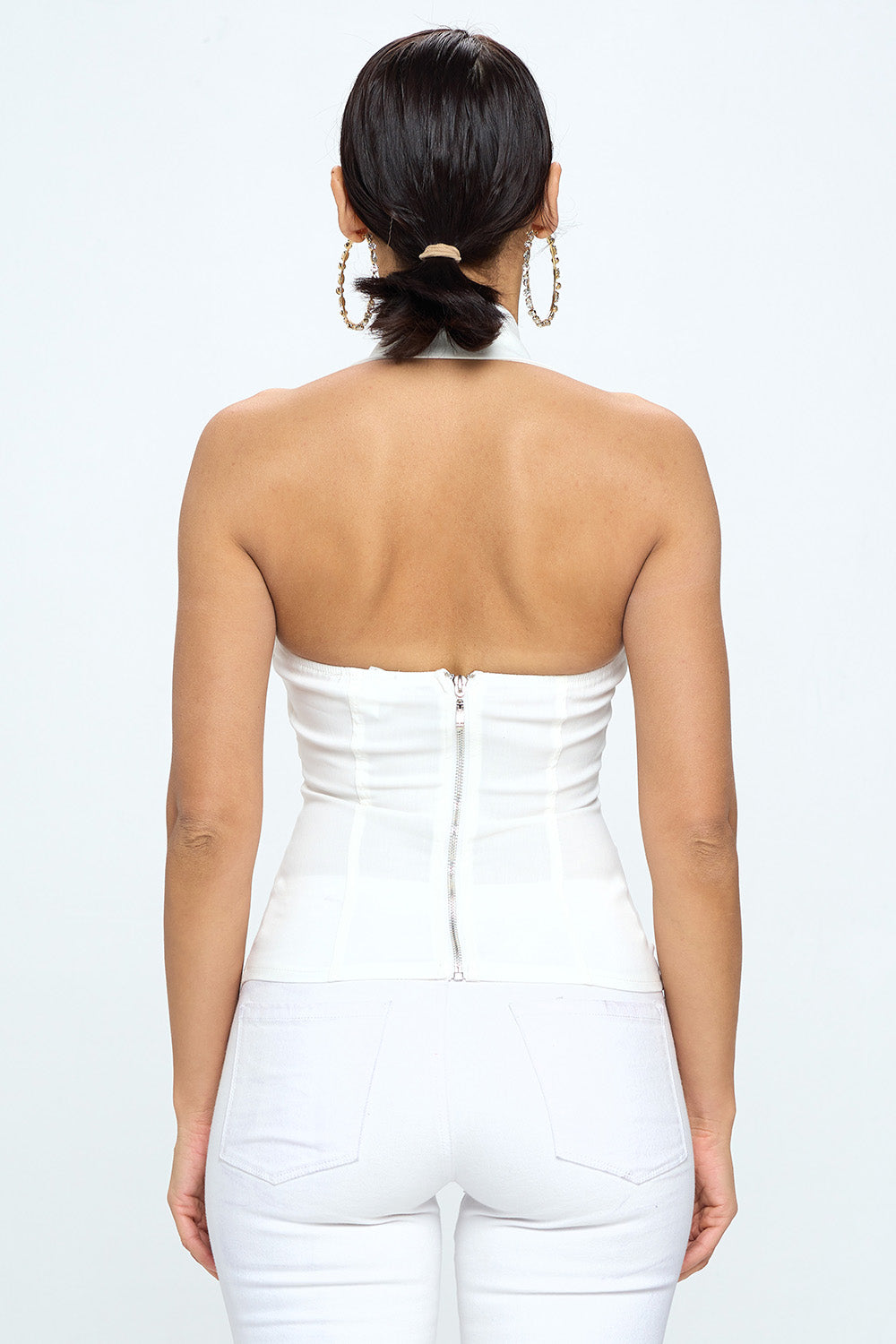 BUTTON DETAIL COLLARED LACE HALTER TANK TOP