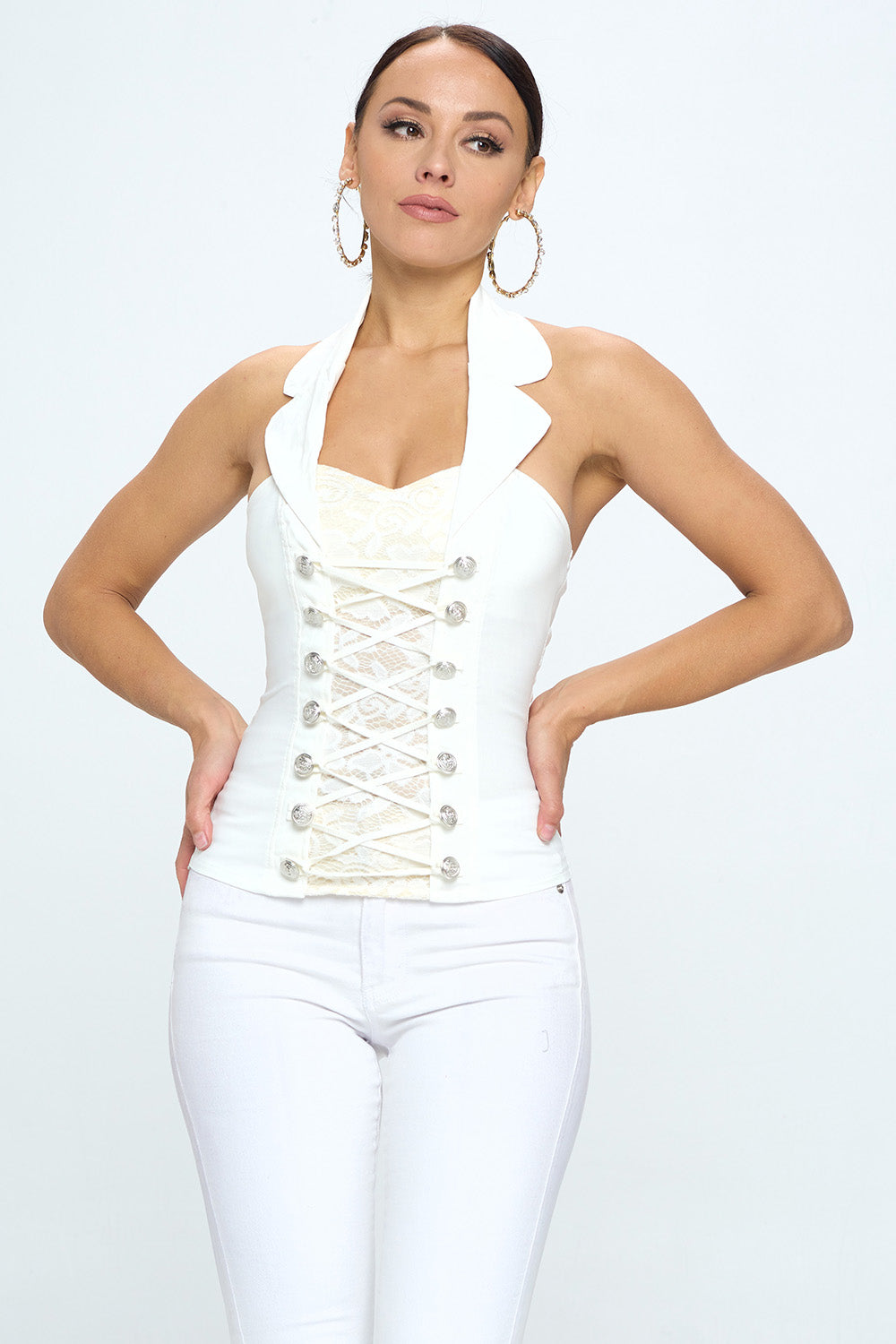 BUTTON DETAIL COLLARED LACE HALTER TANK TOP
