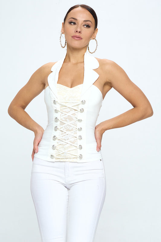BUTTON DETAIL COLLARED LACE HALTER TANK TOP