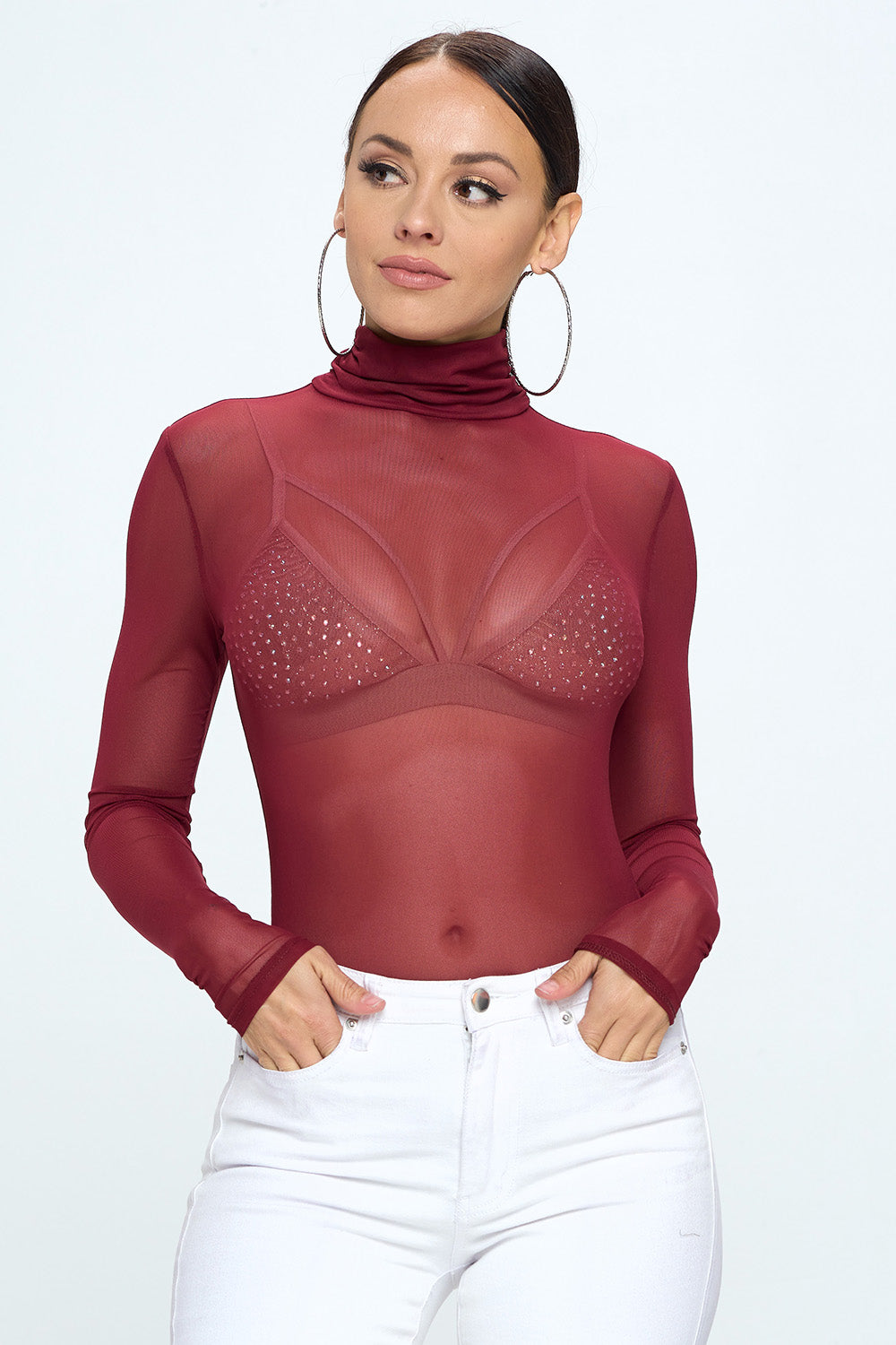 MOCK NECK LONG SLEEVE MESH BODYSUIT