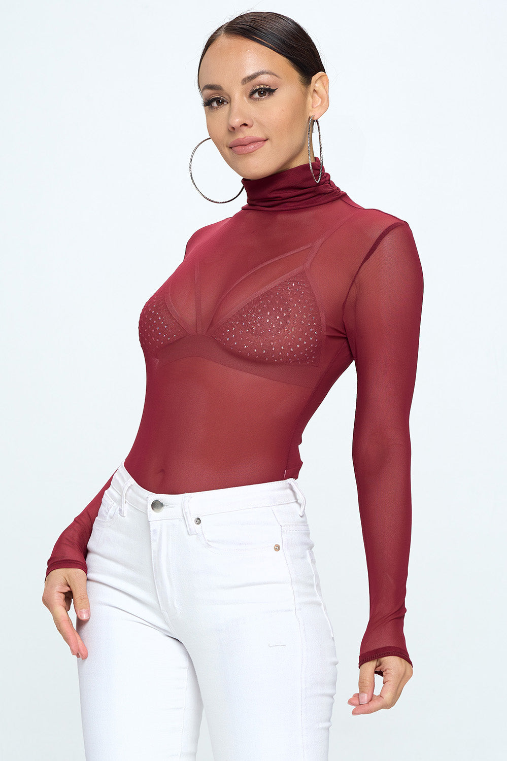 MOCK NECK LONG SLEEVE MESH BODYSUIT