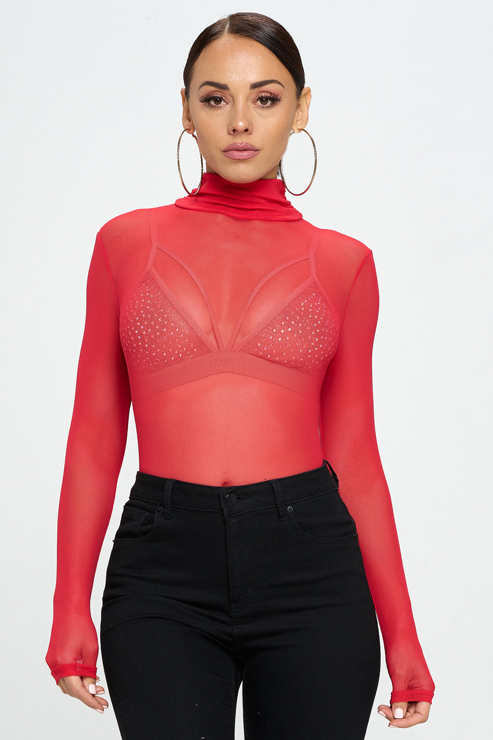 MOCK NECK LONG SLEEVE MESH BODYSUIT