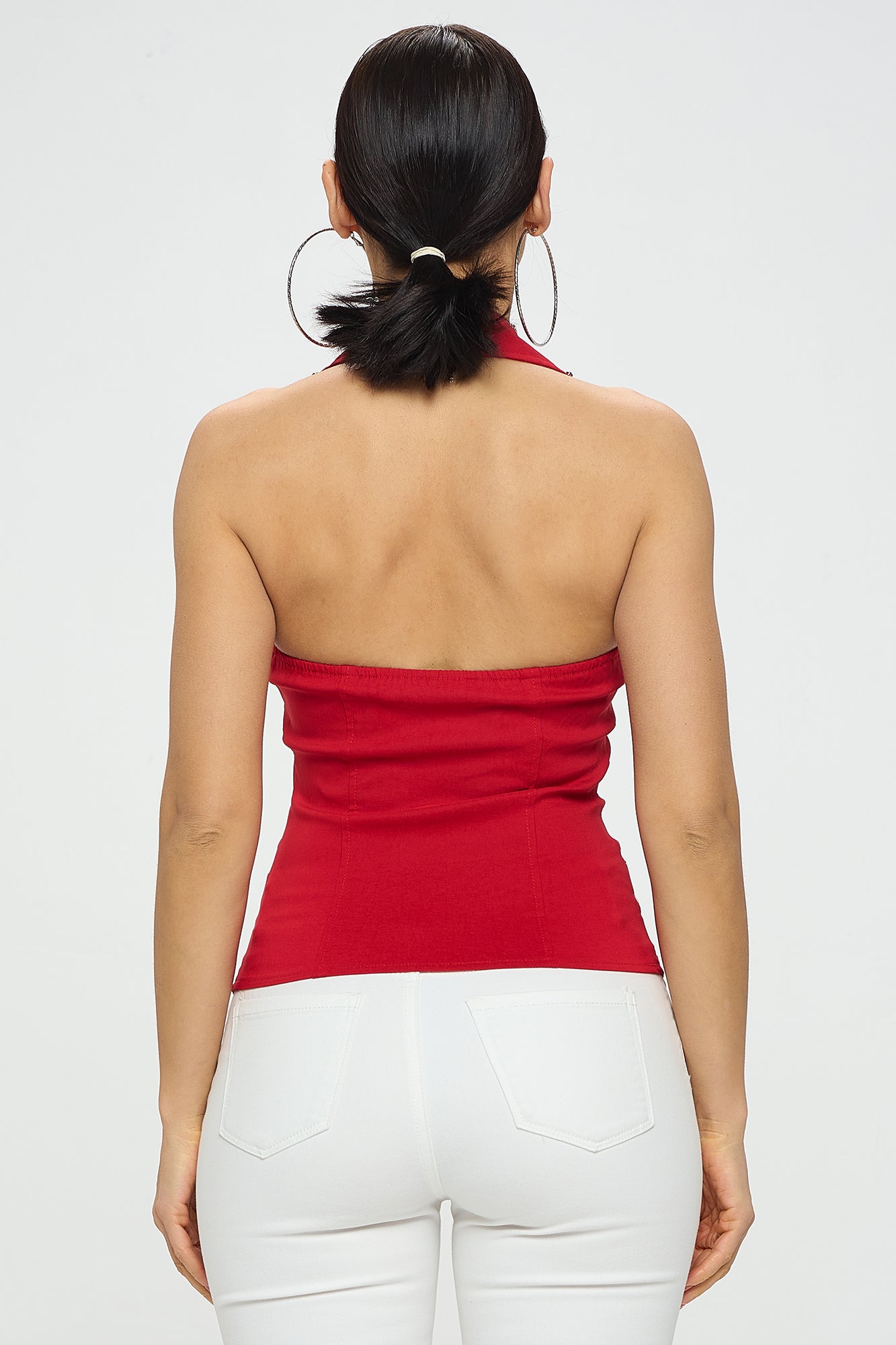 BUCKLE DETAIL ZIPPER FRONT COLLAR HALTER TANK TOP