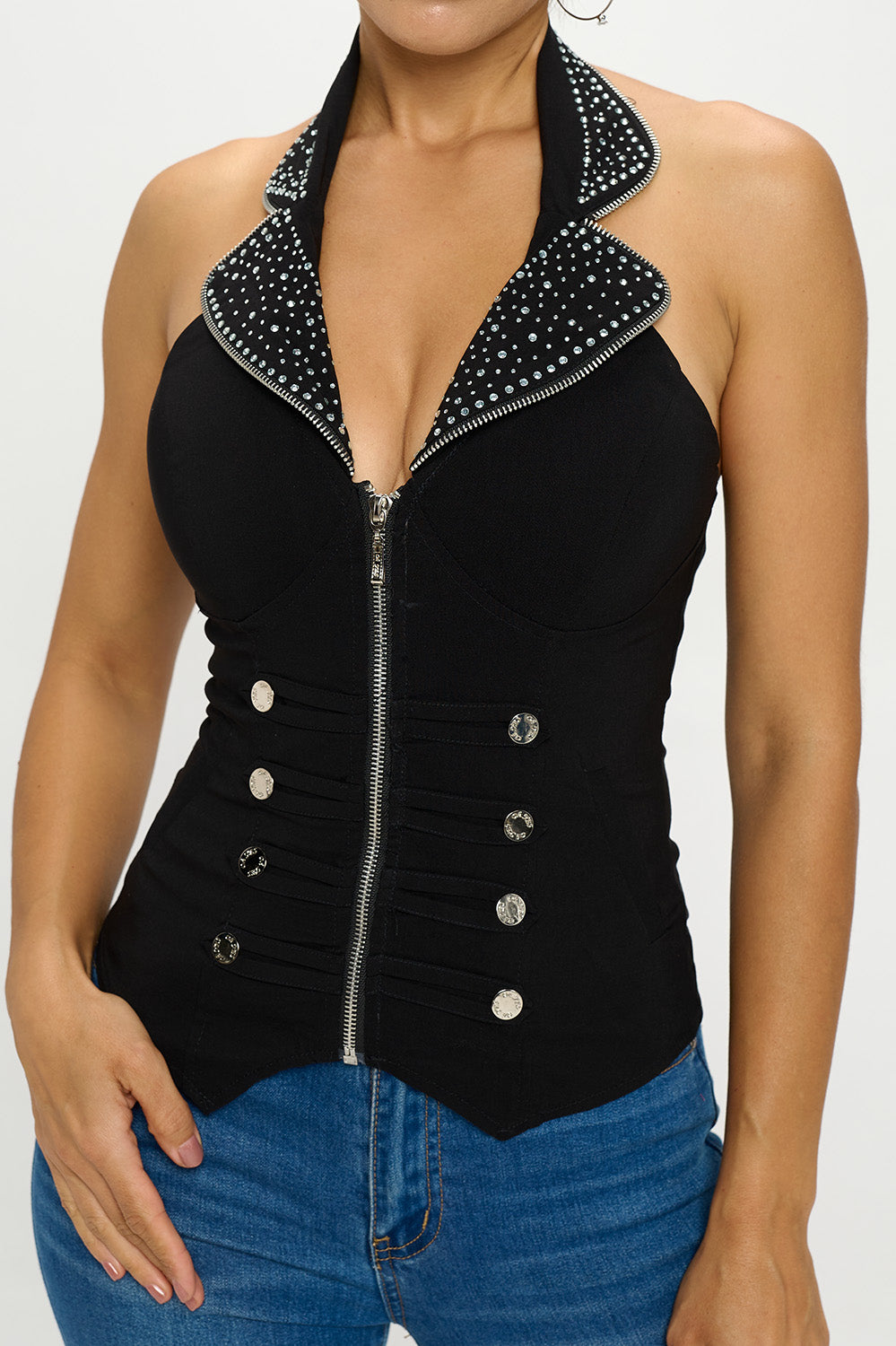 BUCKLE DETAIL ZIPPER FRONT COLLAR HALTER TANK TOP