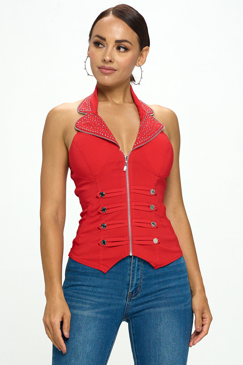 SAILOR COLLAR BEADED ZIP UP FRONT TANK TOP