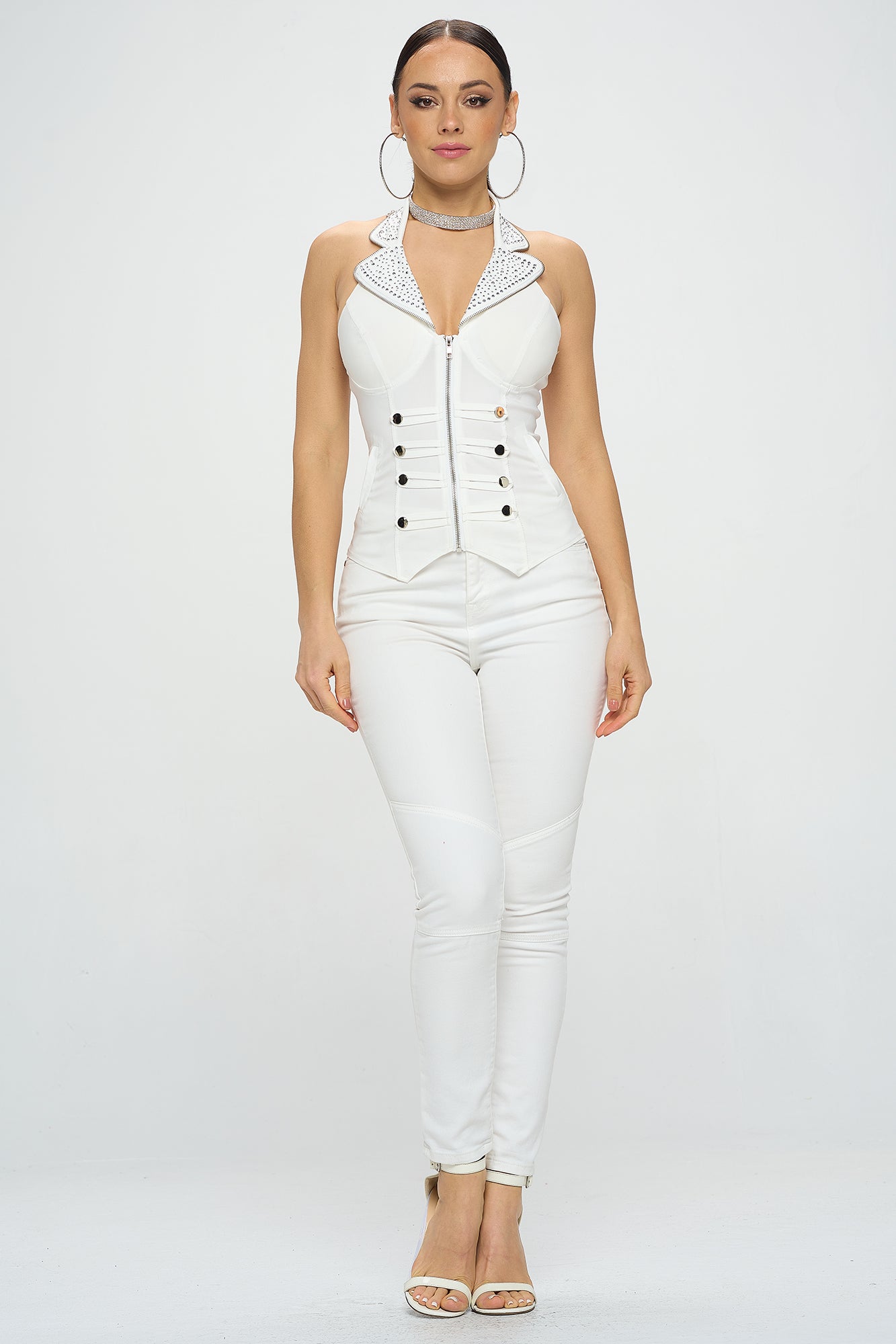 SAILOR COLLAR BEADED ZIP UP FRONT TANK TOP