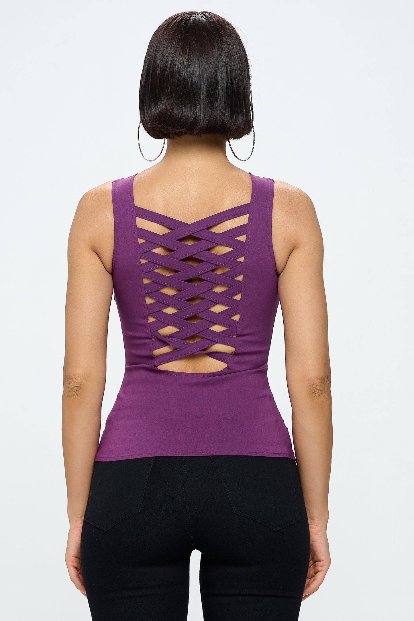 LACE-UP FRONT DETAIL CROSS HATCH BACK TANK TOP
