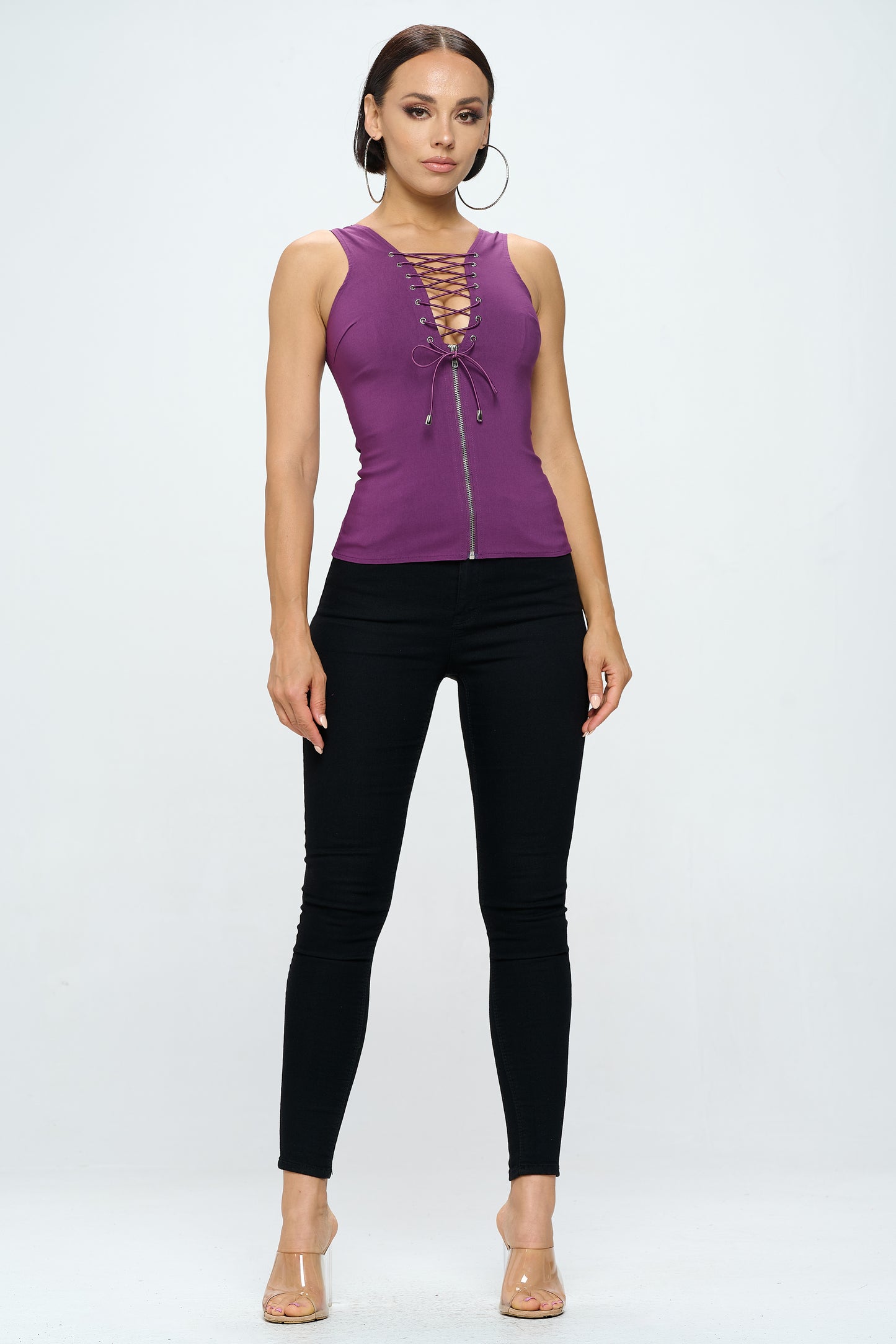 LACE UP FRONT DETAIL CROSS HATCH BACK TANK TOP