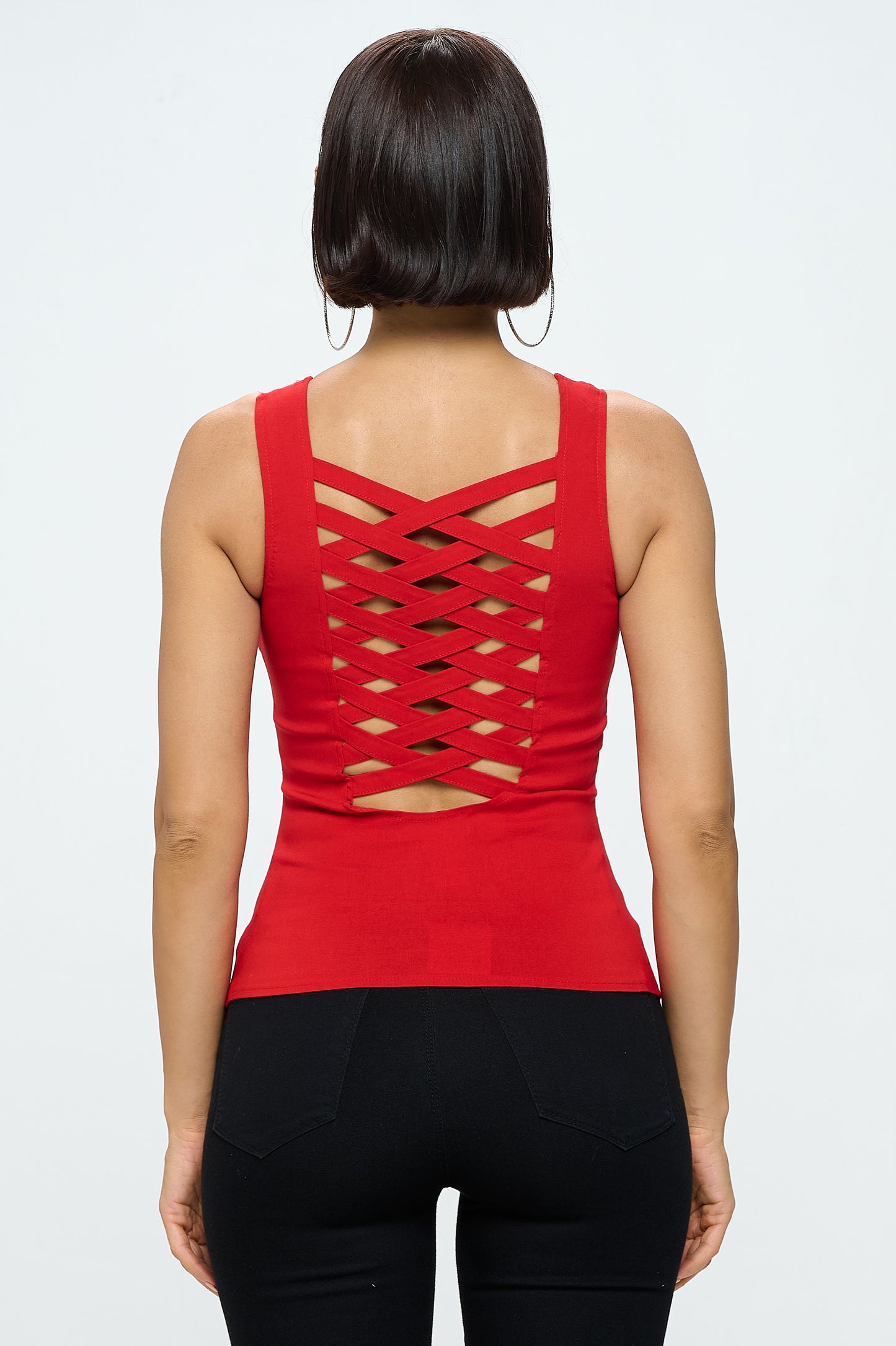 LACE-UP FRONT DETAIL CROSS HATCH BACK TANK TOP