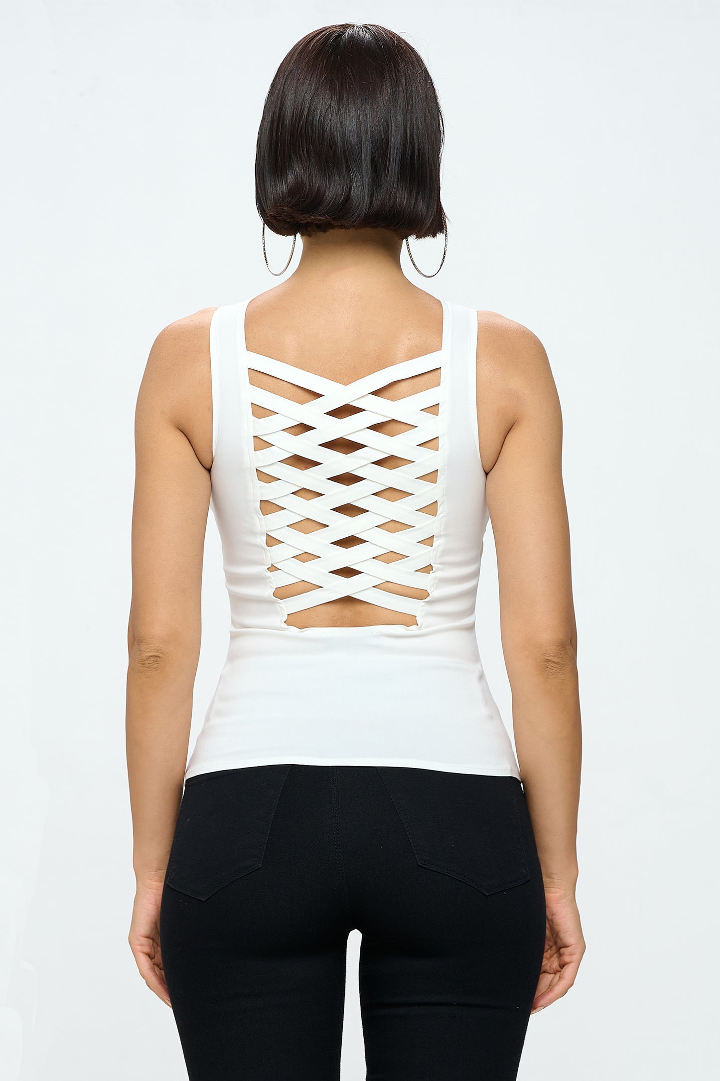 LACE-UP FRONT DETAIL CROSS HATCH BACK TANK TOP