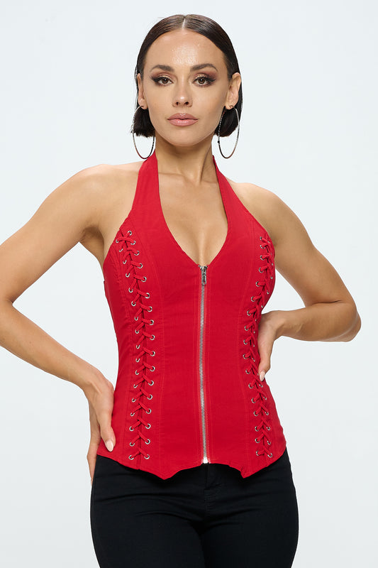 LACE UP DETAIL ZIP FRONT SLEEVELESS HALTER NECK TANK TOP_D6838