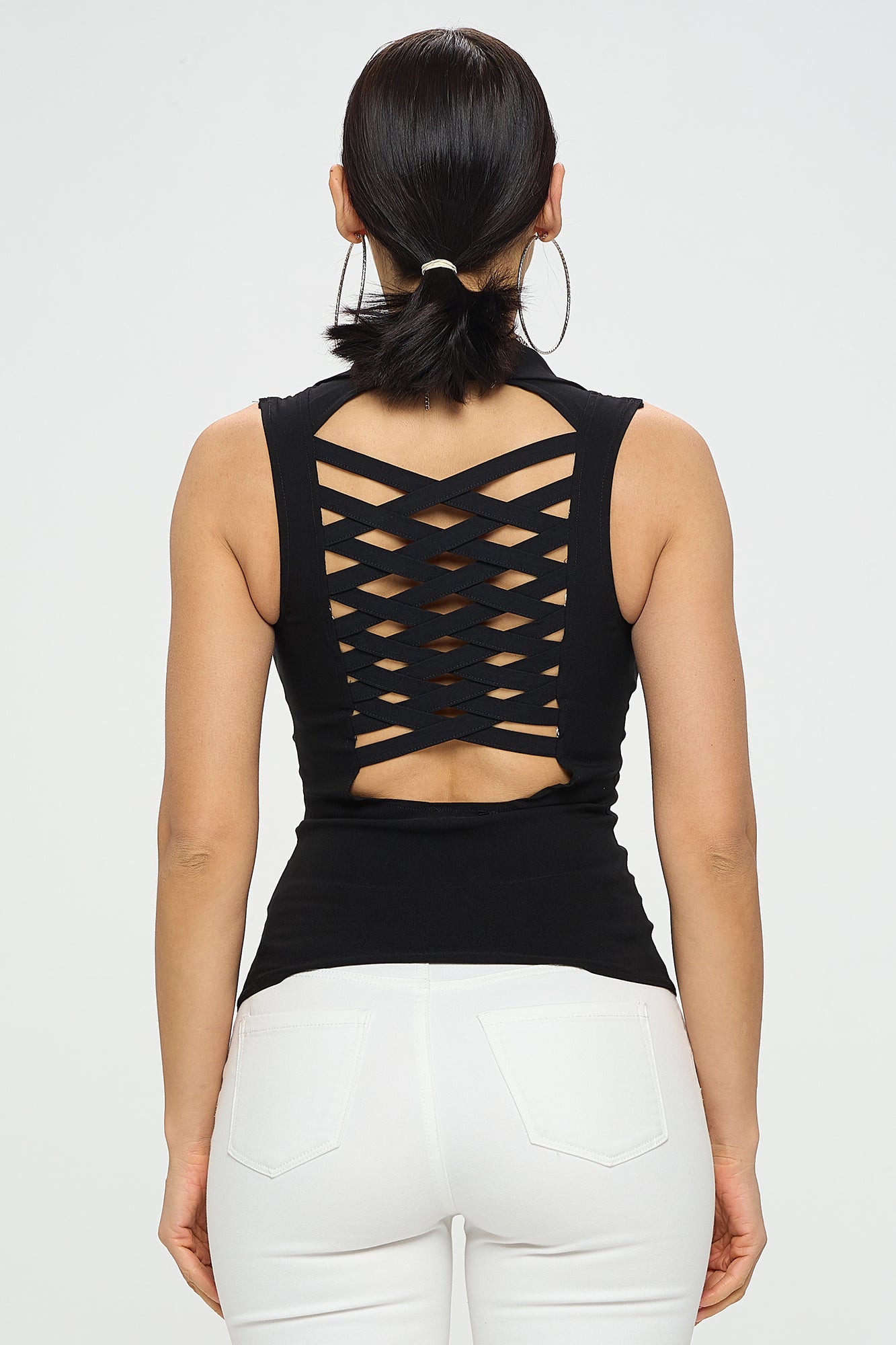 LACE UP COLLAR BACK CUT OUT DETAIL HALTER TOP