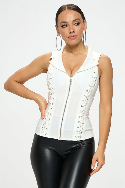 LACE UP DETAIL FRONT COLLARED TANK TOP