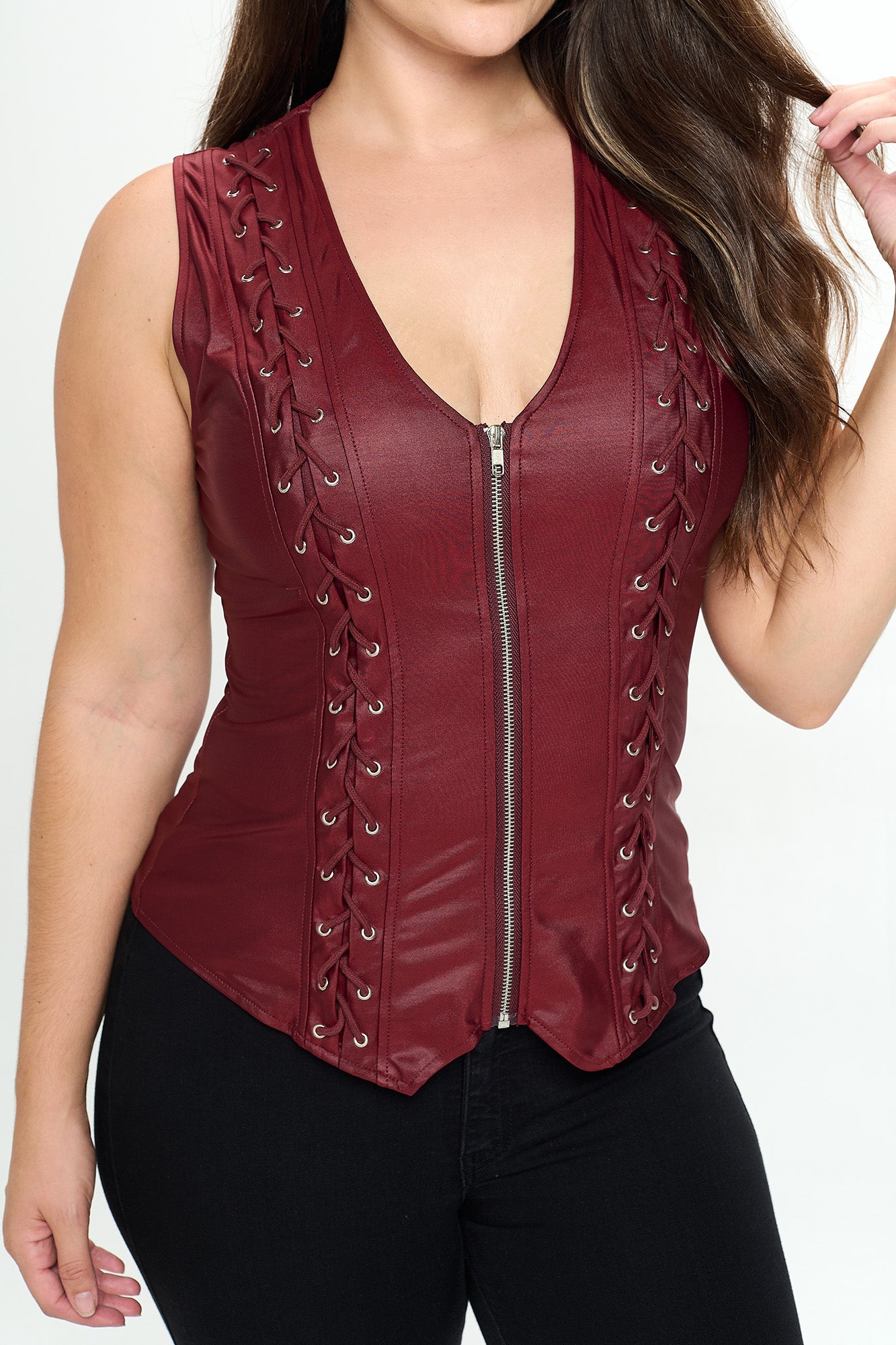 LACE-UP DETAIL ZIP UP SLEEVELESS TOP -PLUS