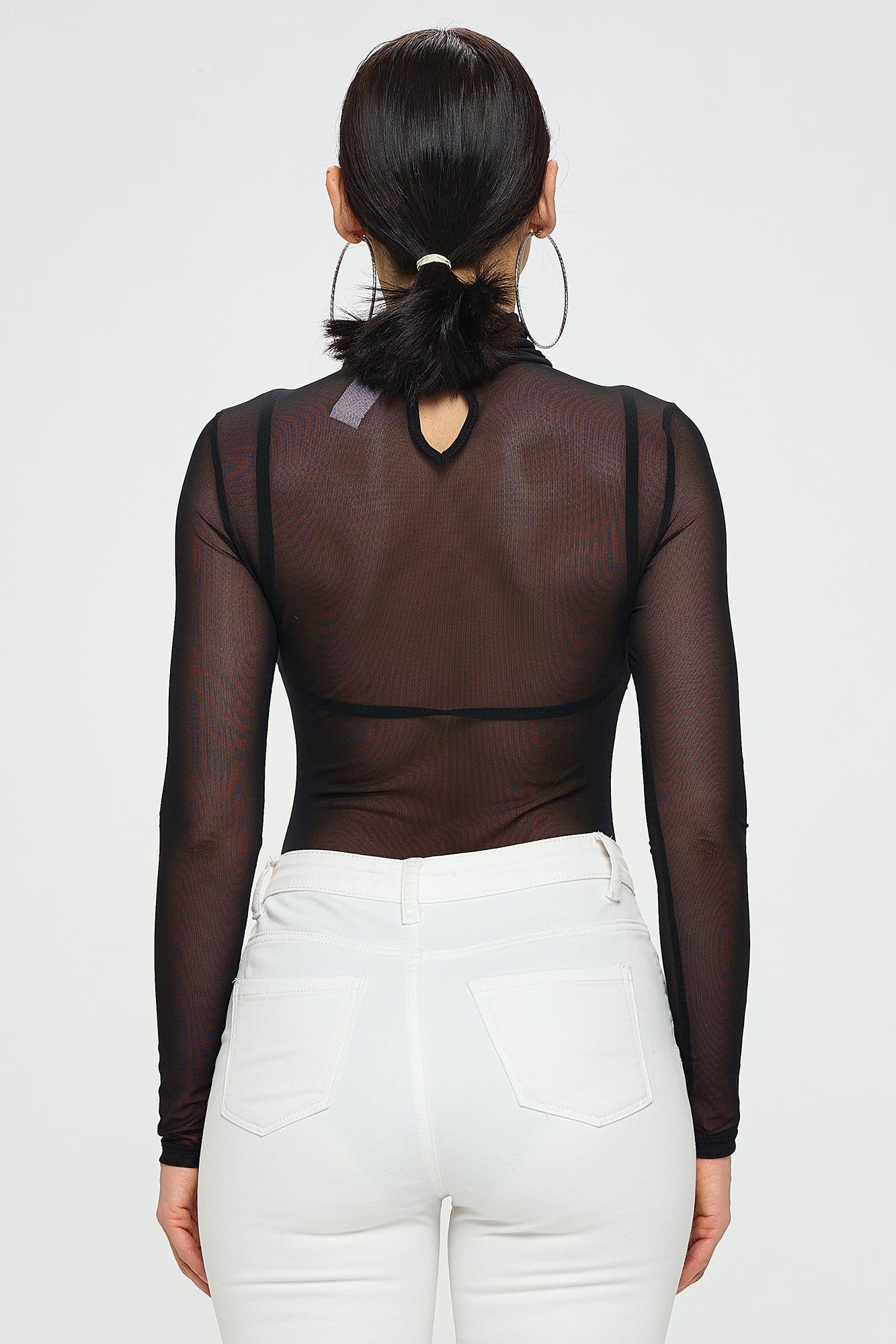 LONG SLEEVE MOCK NECK RHINESTONE MESH BODYSUIT