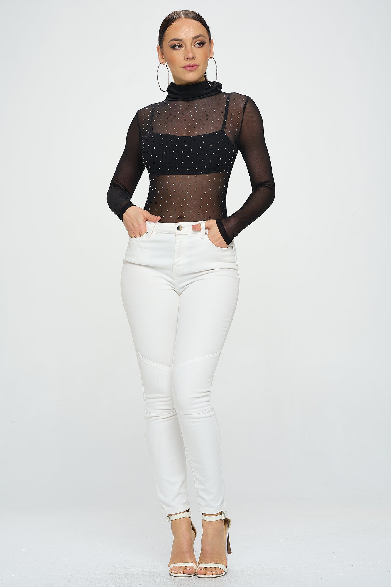 LONG SLEEVE MOCK NECK RHINESTONE MESH BODYSUIT