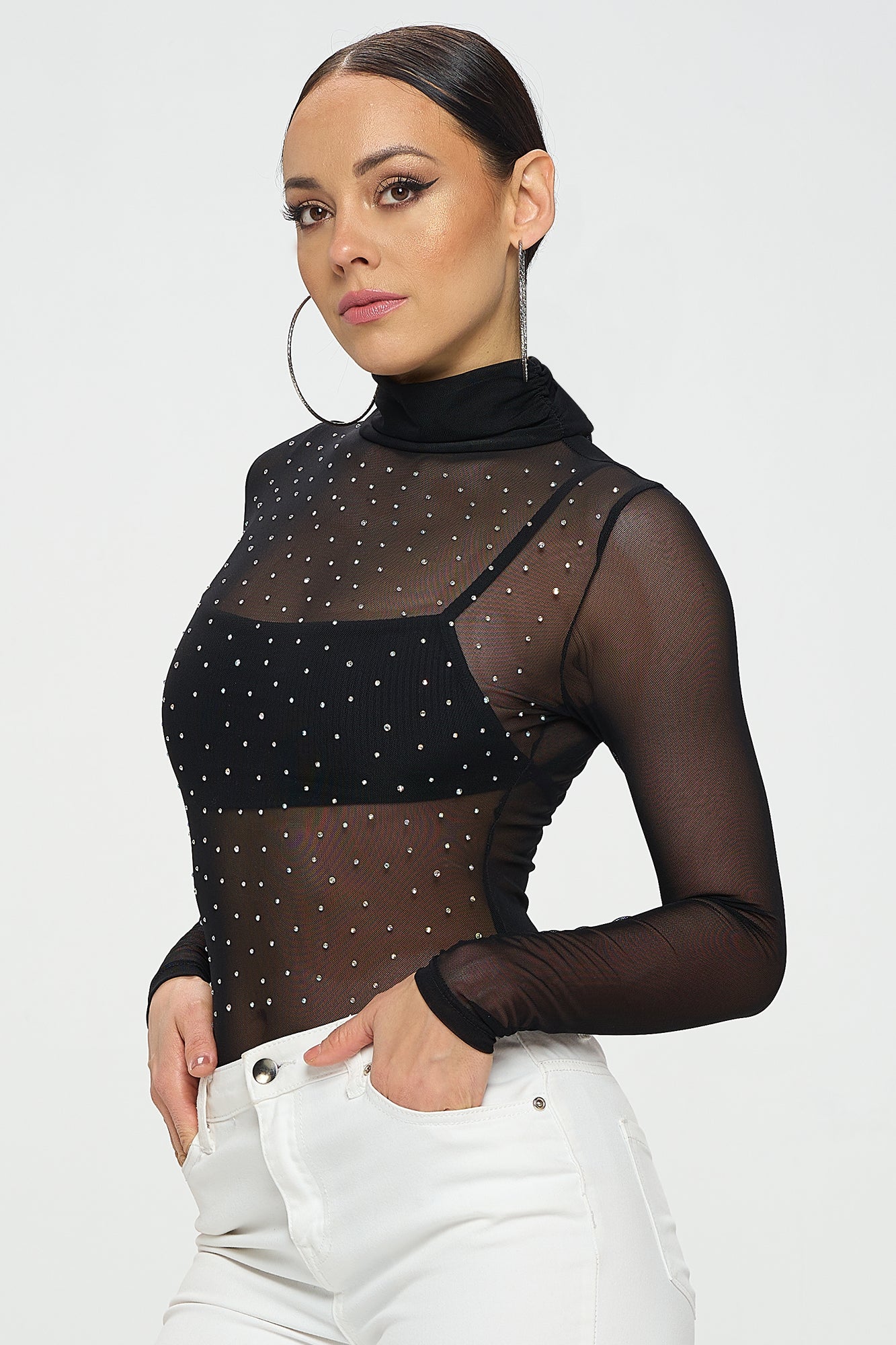 LONG SLEEVE MOCK NECK RHINESTONE MESH BODYSUIT