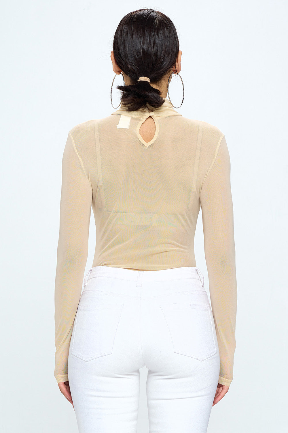 LONG SLEEVE MOCK NECK RHINESTONE MESH BODYSUIT