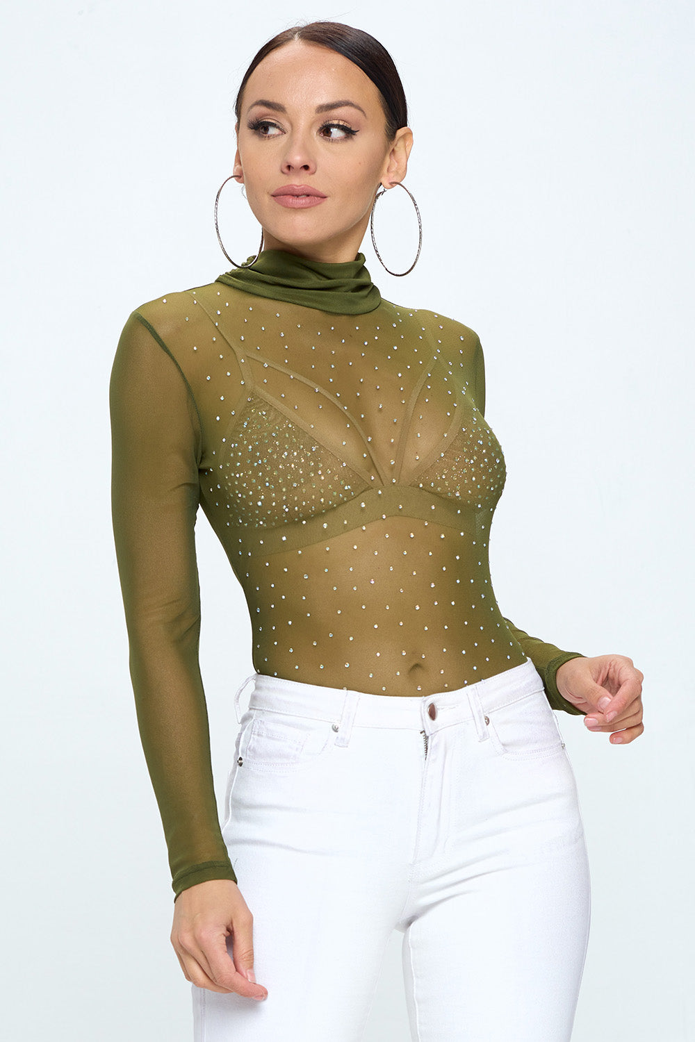 LONG SLEEVE MOCK NECK RHINESTONE MESH BODYSUIT