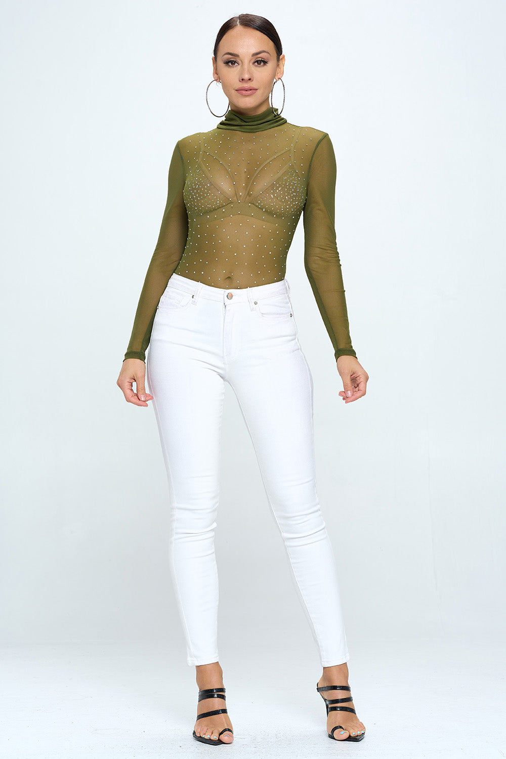 LONG SLEEVE MOCK NECK RHINESTONE MESH BODYSUIT