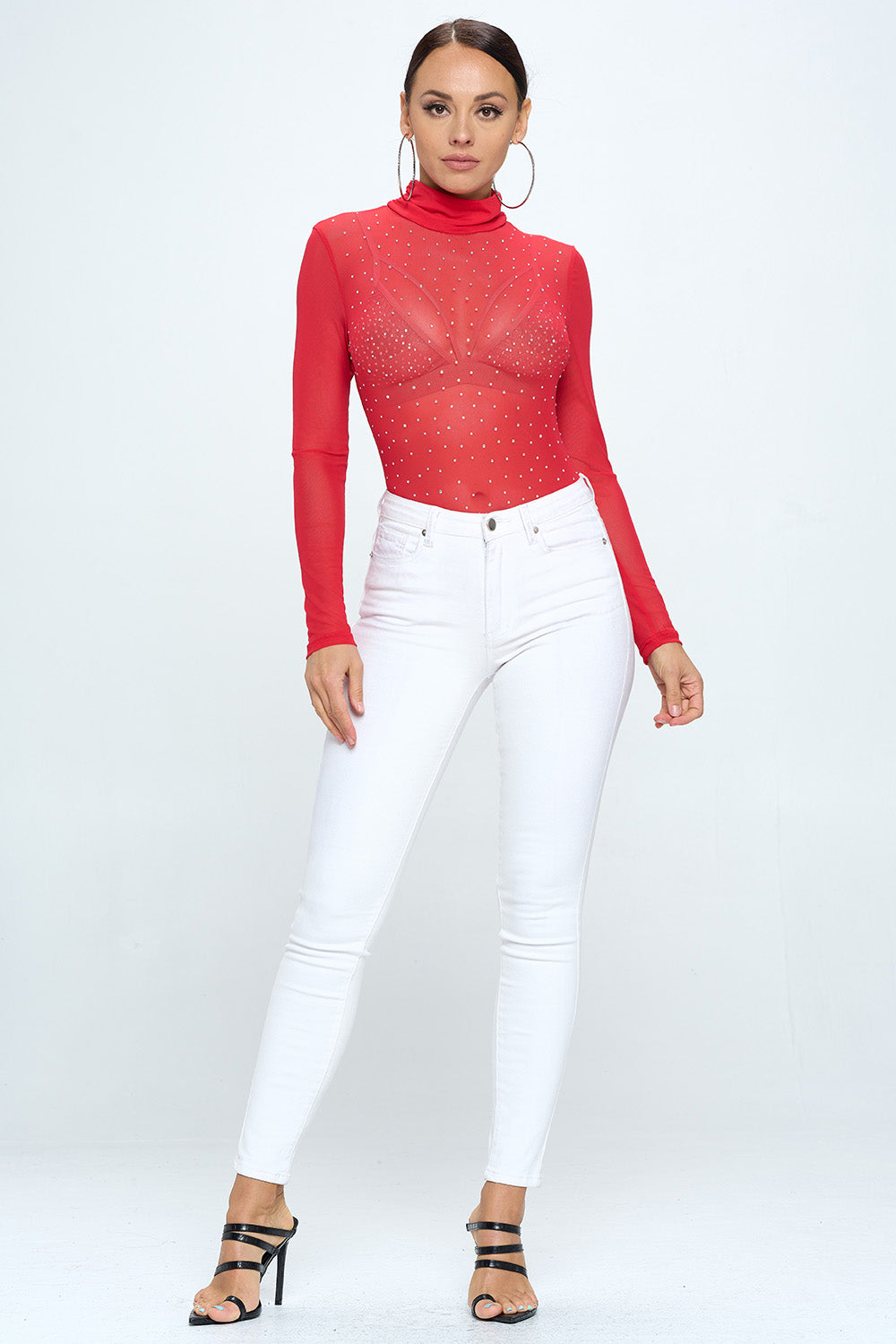 LONG SLEEVE MOCK NECK RHINESTONE MESH BODYSUIT