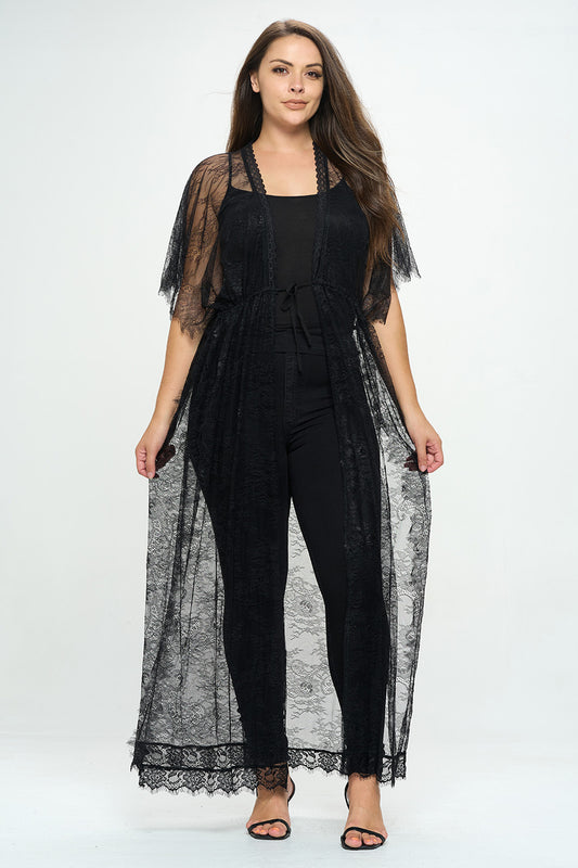 SHEER DRAWSTRING LACE PLUS KIMONO GOWN