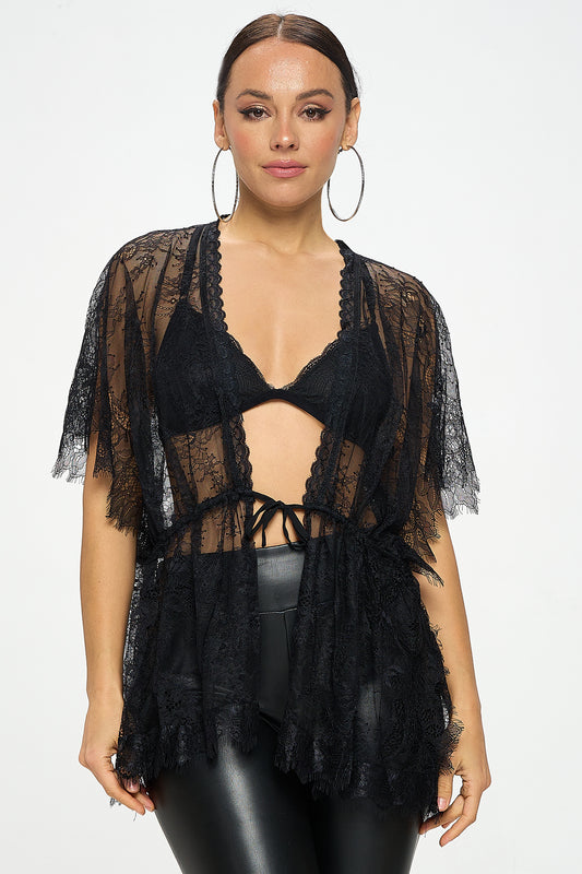 SHEER DRAWSTRING LACE KIMONO GOWN