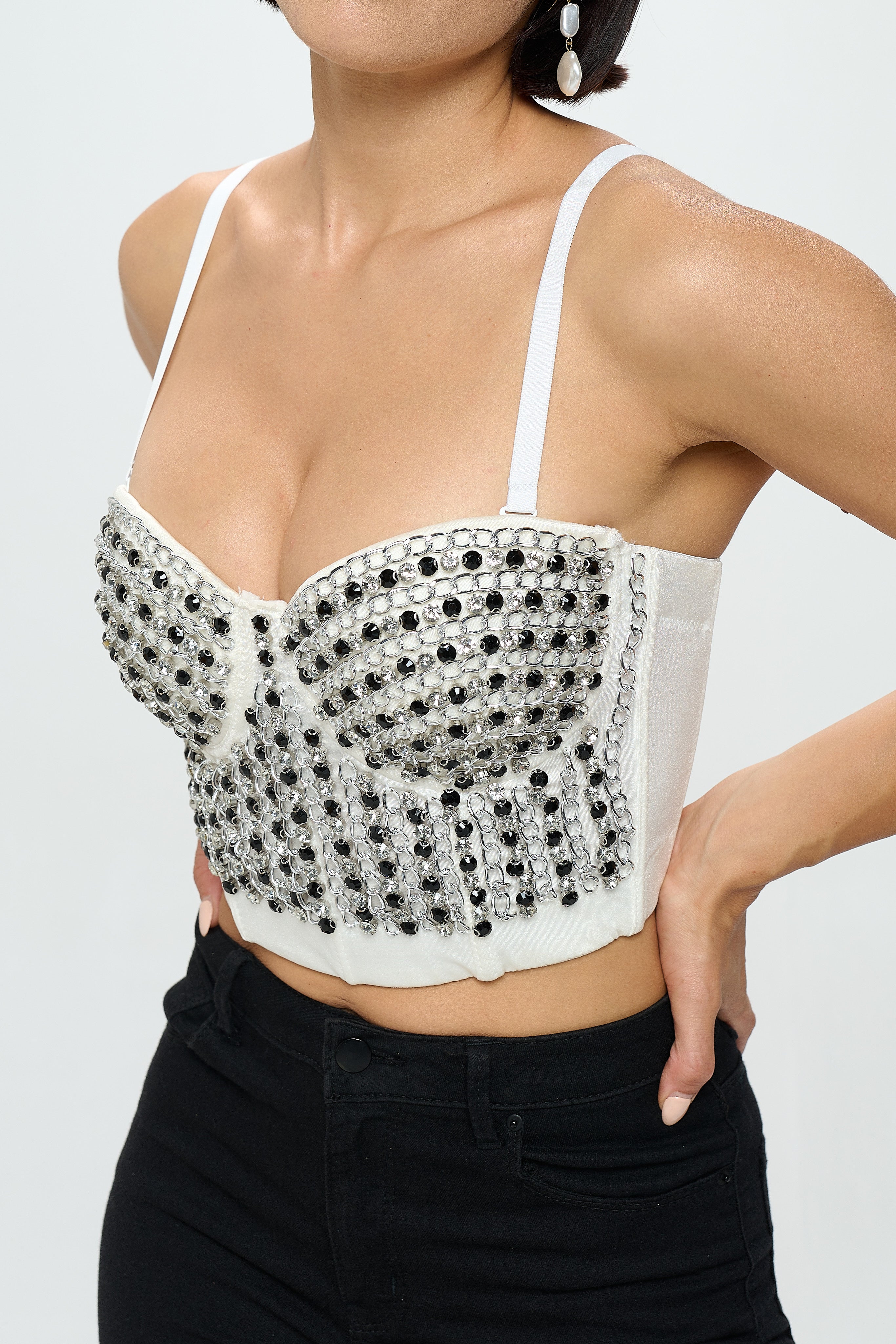 RHINESTONE CHAIN DETAIL BUSTIER CROP TOP_D6955 – OhYes Fashion