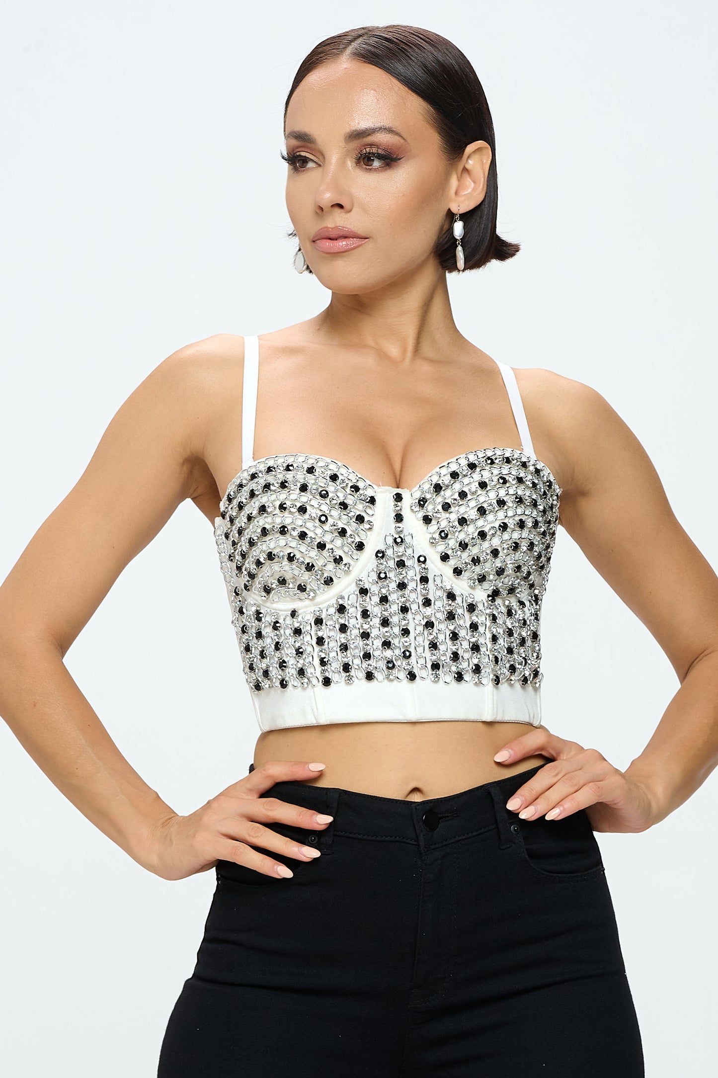 RHINESTONE CHAIN DETAIL BUSTIER CROP TOP_D6955