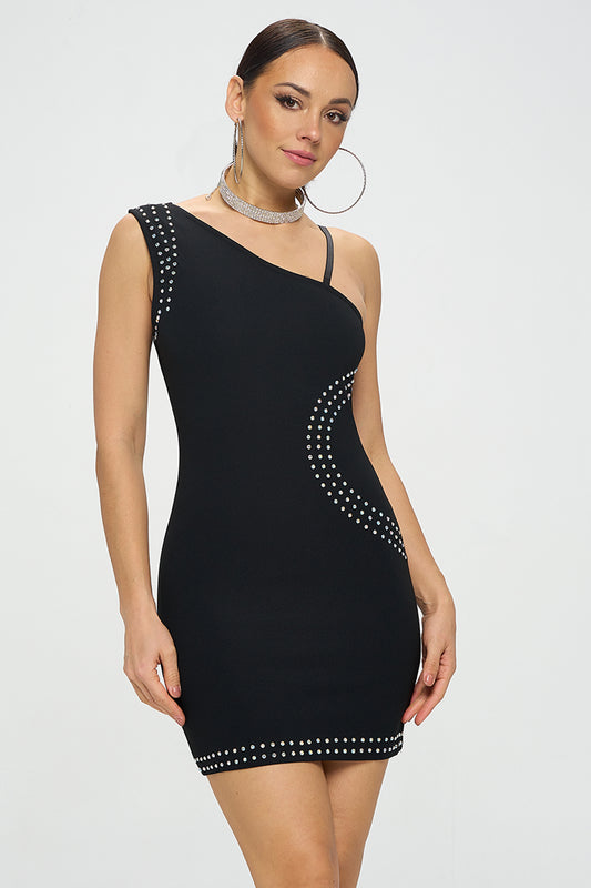 ONE SHOULDER RHINESTONE DETAIL DRESS