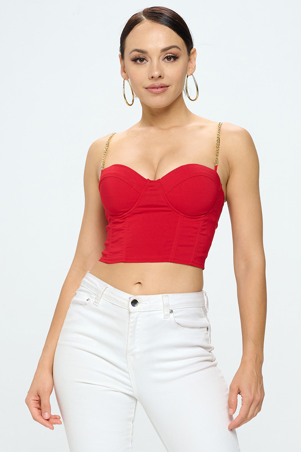 SATIN BUSTIER CROP TOP WITH GOLD CHAIN SHOULDER STRAP – OhYes Fashion