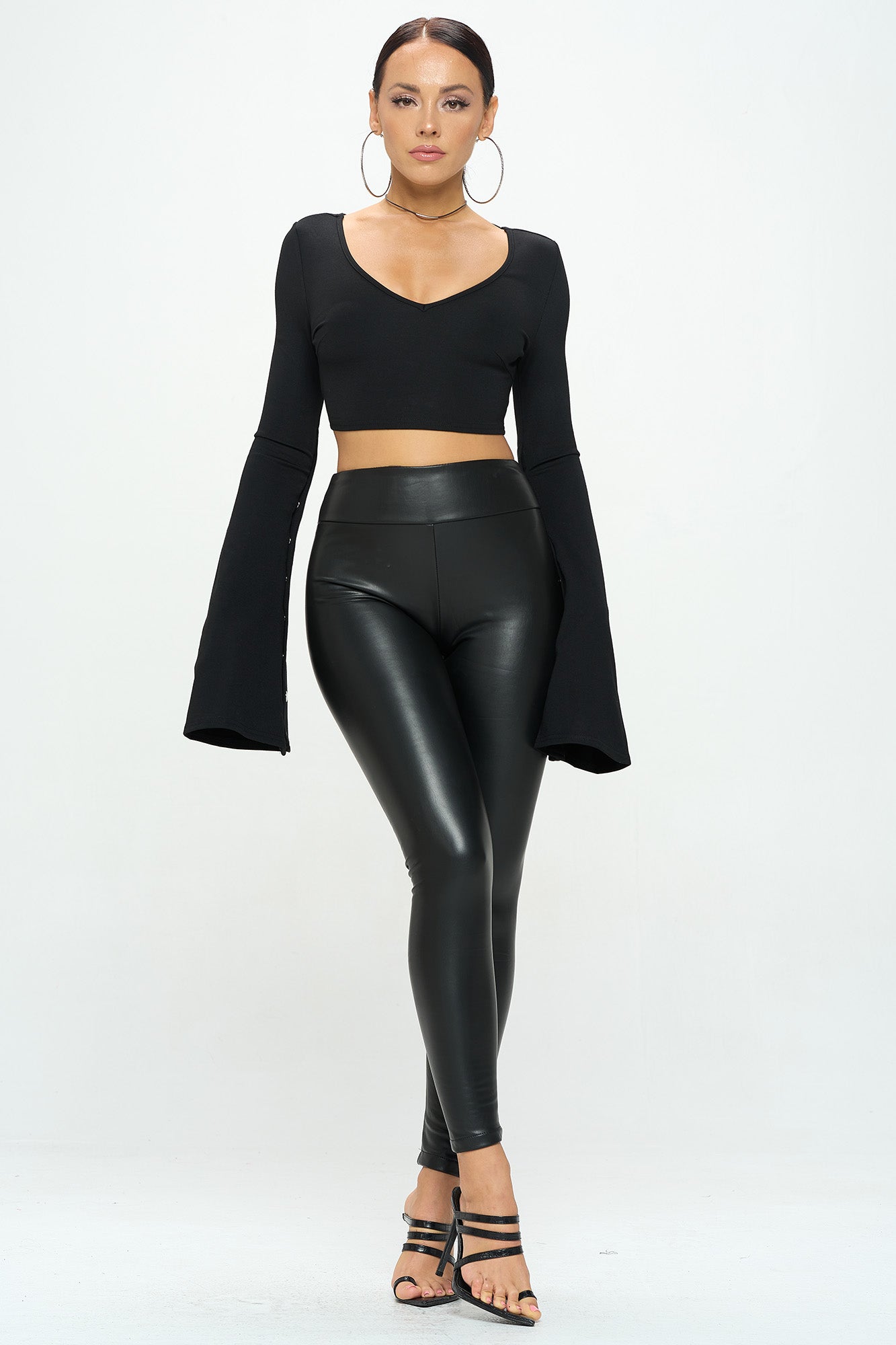 LONG FLARE SLEEVE OPEN BACK BUCKLED CROP TOP
