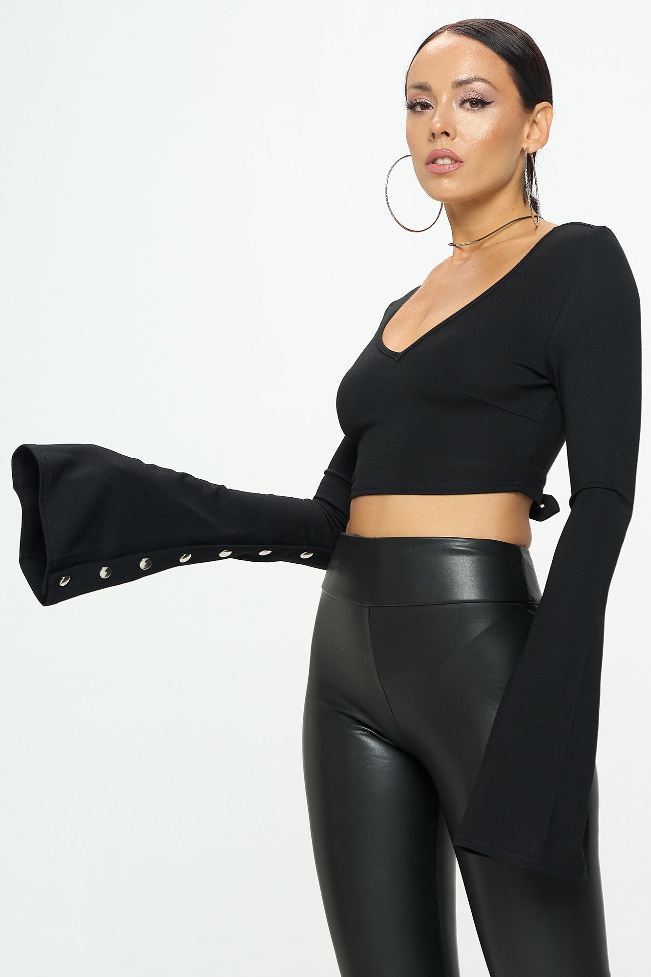LONG FLARE SLEEVE OPEN BACK BUCKLED CROP TOP