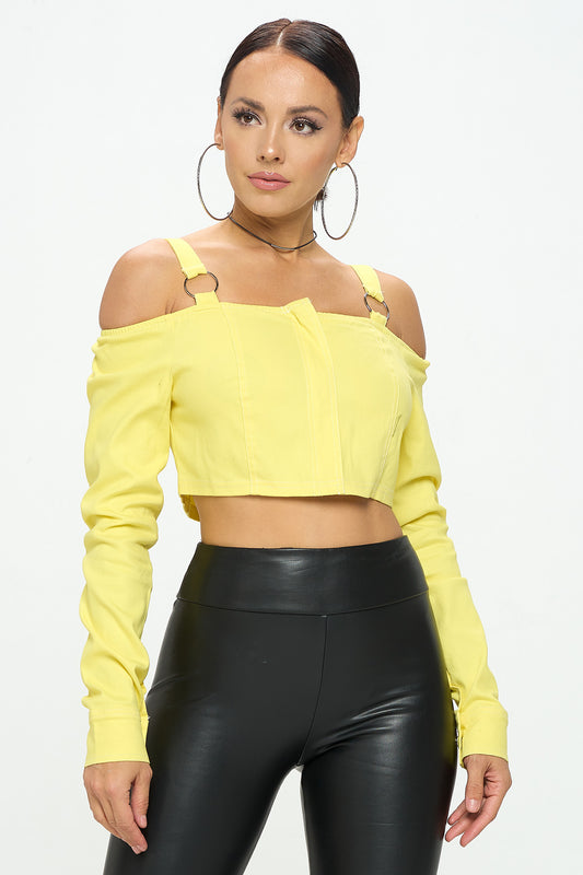 OFF SHOULDER BUCKLE STRAP LONG SLEEVE CROP TOP