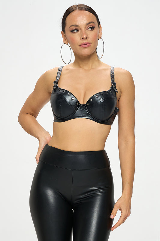 STUDDED DETAILED STRAP BUCKLED BRA TOP
