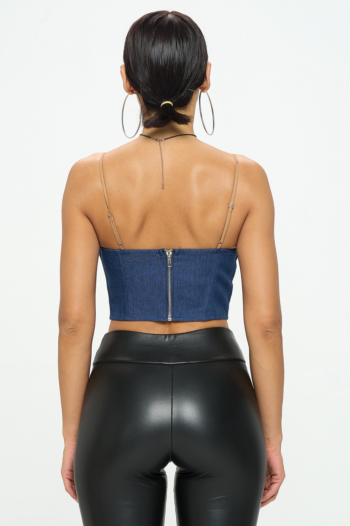 CRISS CROSS CONSTRAST STRING DENIM BUSTIER CROP TOP