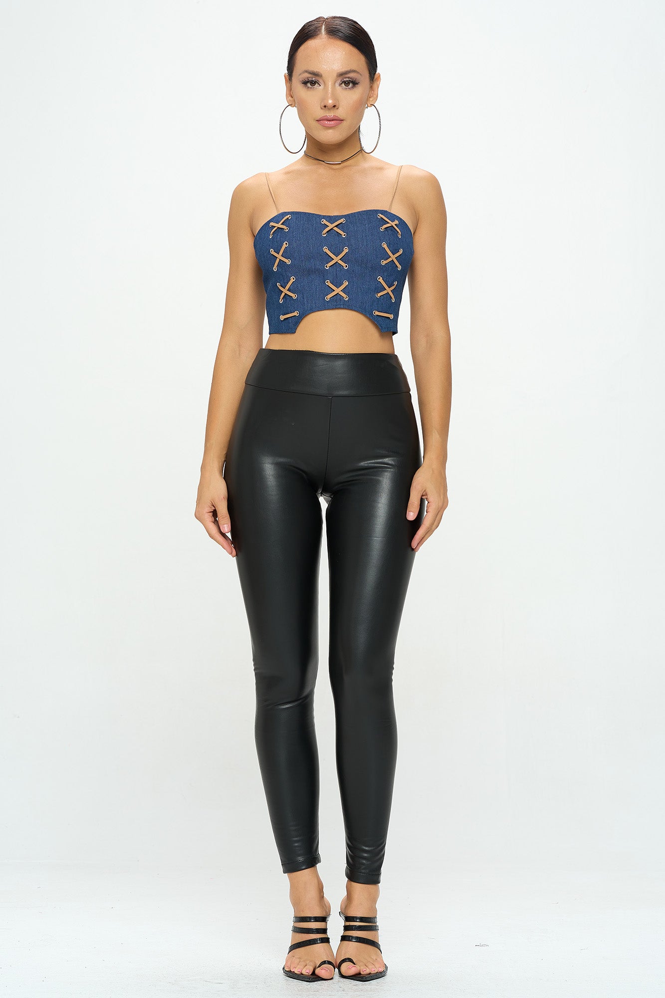 CRISS CROSS CONSTRAST STRING DENIM BUSTIER CROP TOP