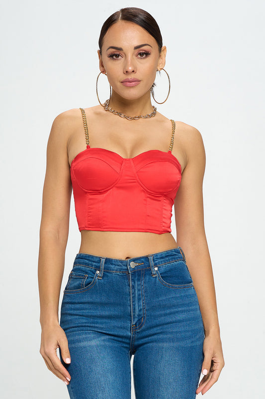 GOLD CHAIN STRAP SATIN SOLID BUSTIER TOP