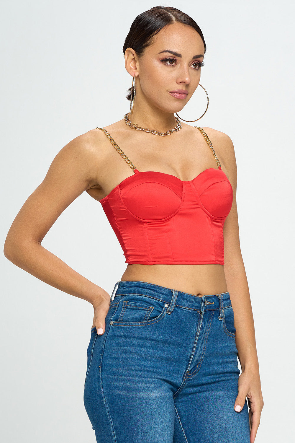 SATIN BUSTIER CROP TOP WITH GOLD CHAIN SHOULDER STRAP