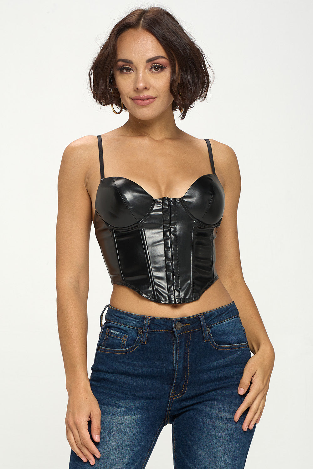 FRONT HOOK CLOSURE FAUX LEATHER BUSTIER TOP – OhYes Fashion