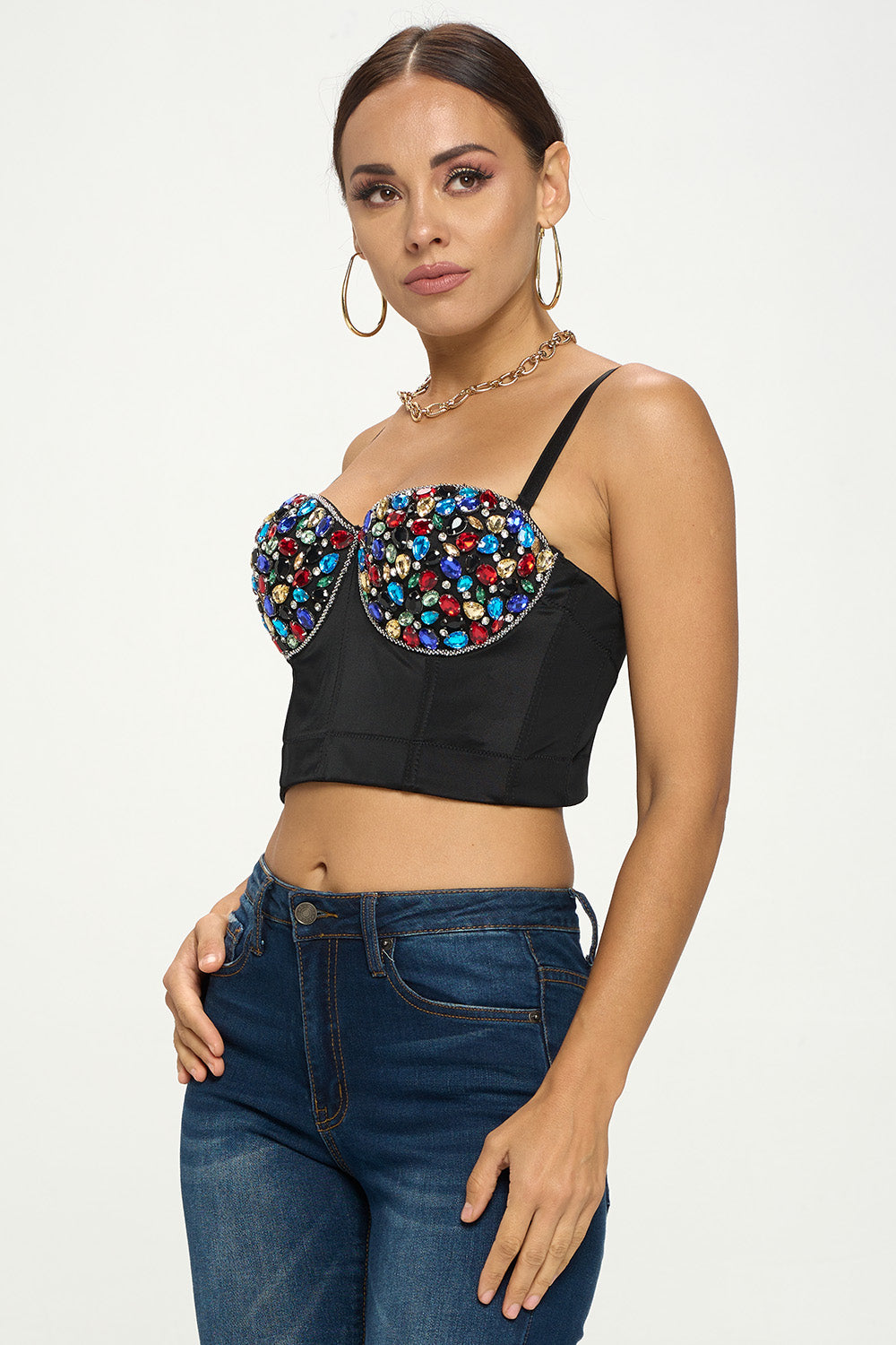MULTI-COLORED CRYSTAL STONE EMBELLISHED BUSTIER TOP