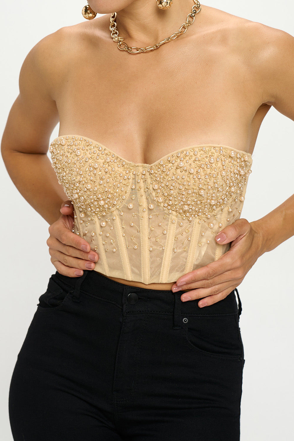 BEADED FLOWER SEQUIN MESH BUSTIER CROP TOP – OhYes Fashion