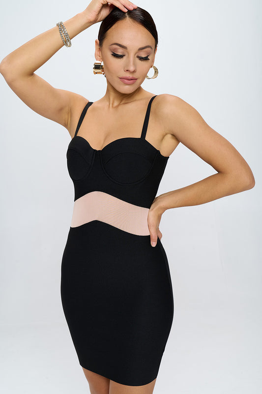 MESH CONTRAST WAIST BODYCON DRESS