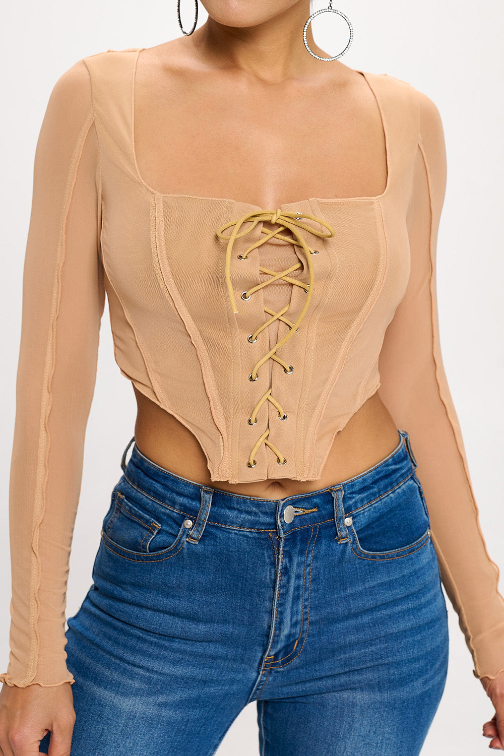 LACE-UP FRONT DETAIL CORSET BODICE LONG SLEEVE TOP