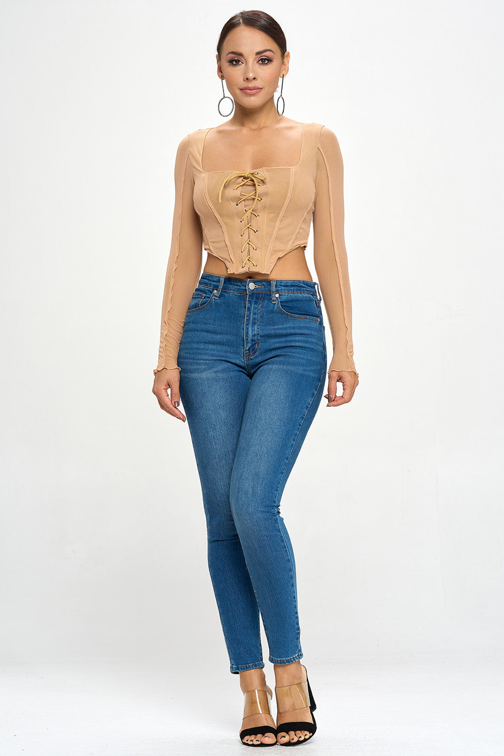 LACE-UP FRONT DETAIL CORSET BODICE LONG SLEEVE TOP