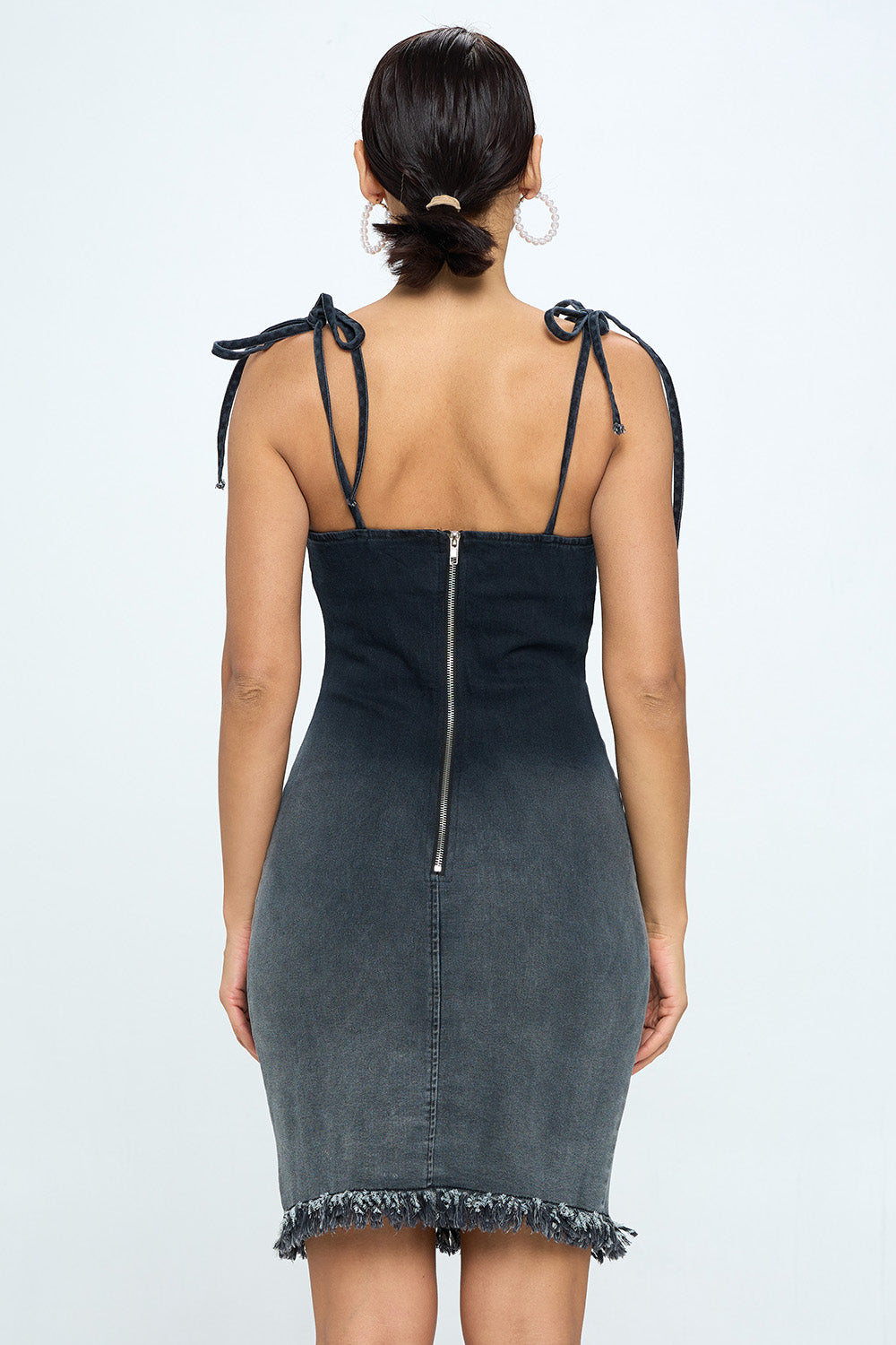 OMBRE FRAYED TIE-STRAP DENIM DRESS